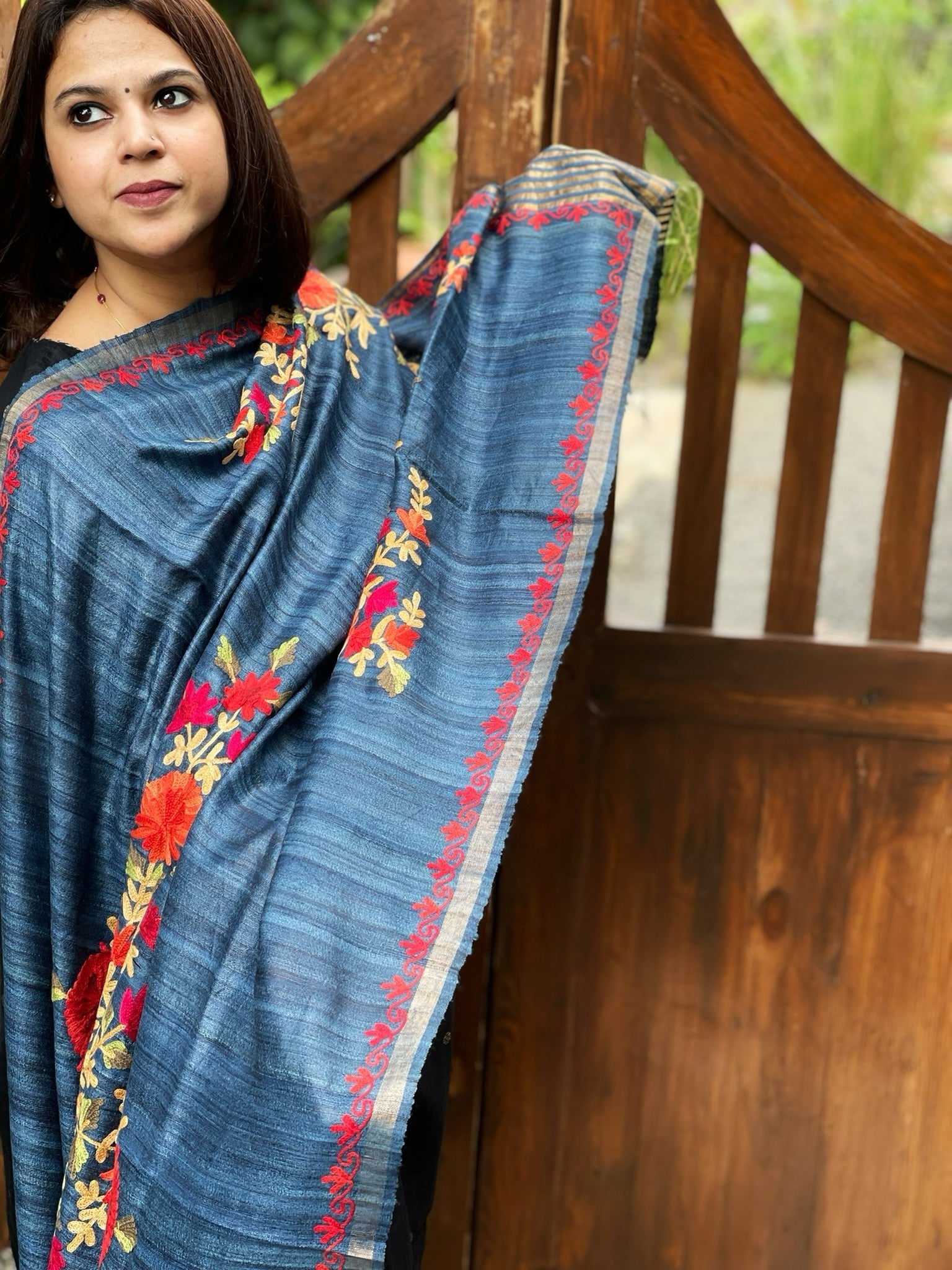 Blue Kashmiri Aari Embroidered Dupatta in Geecha Silk - Masakalee