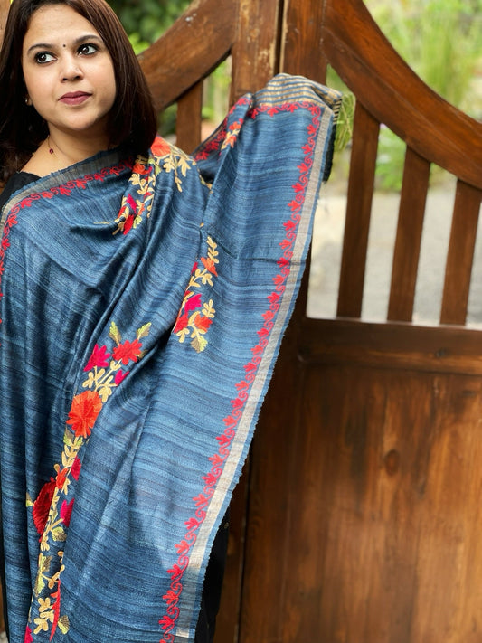 Blue Kashmiri Aari Embroidered Dupatta in Geecha Silk - Masakalee