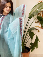 Blue Kota Cotton Dupatta with Kantha Hand Embroidery - Masakalee