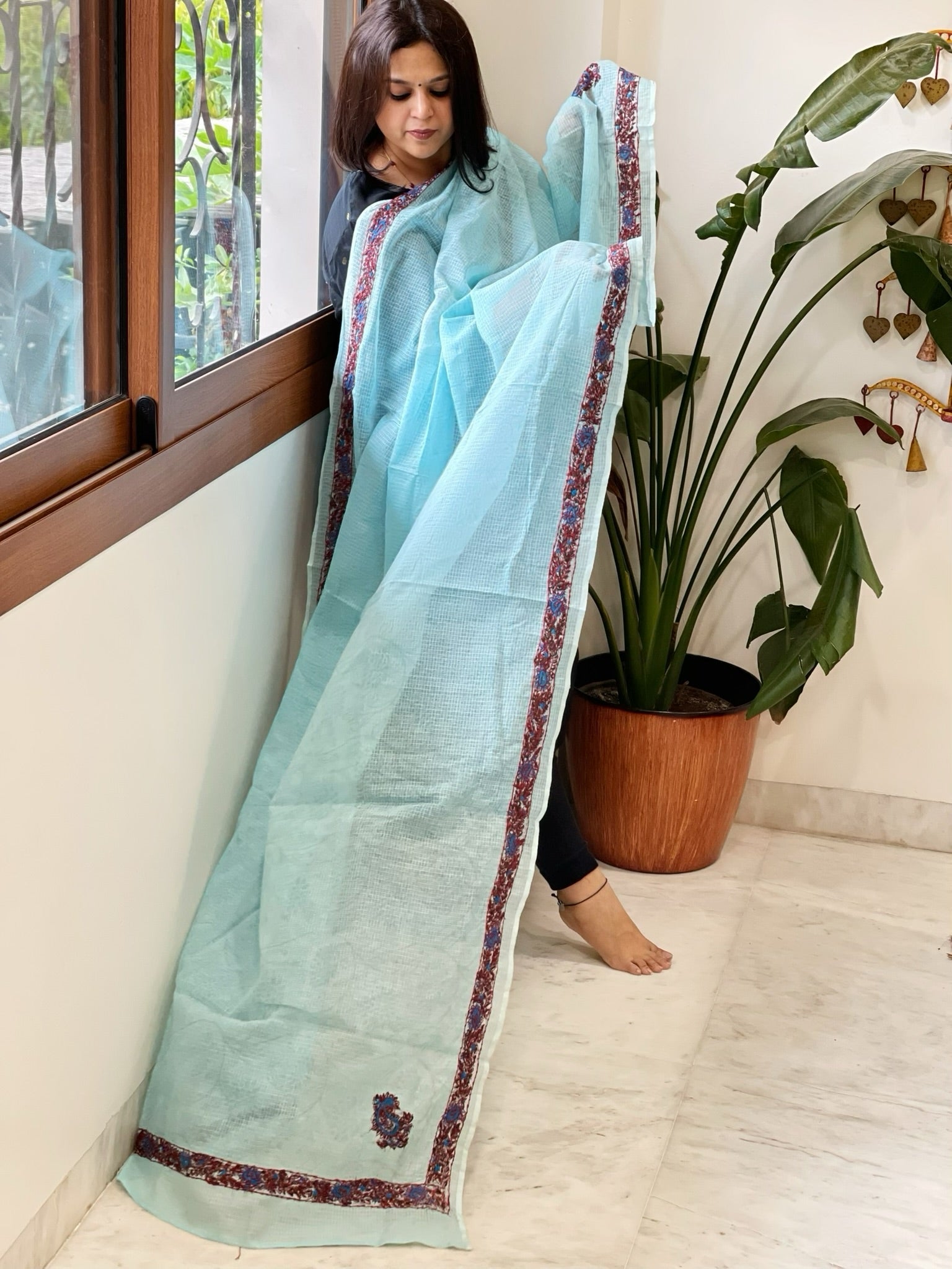 Blue Kota Cotton Dupatta with Kantha Hand Embroidery - Masakalee