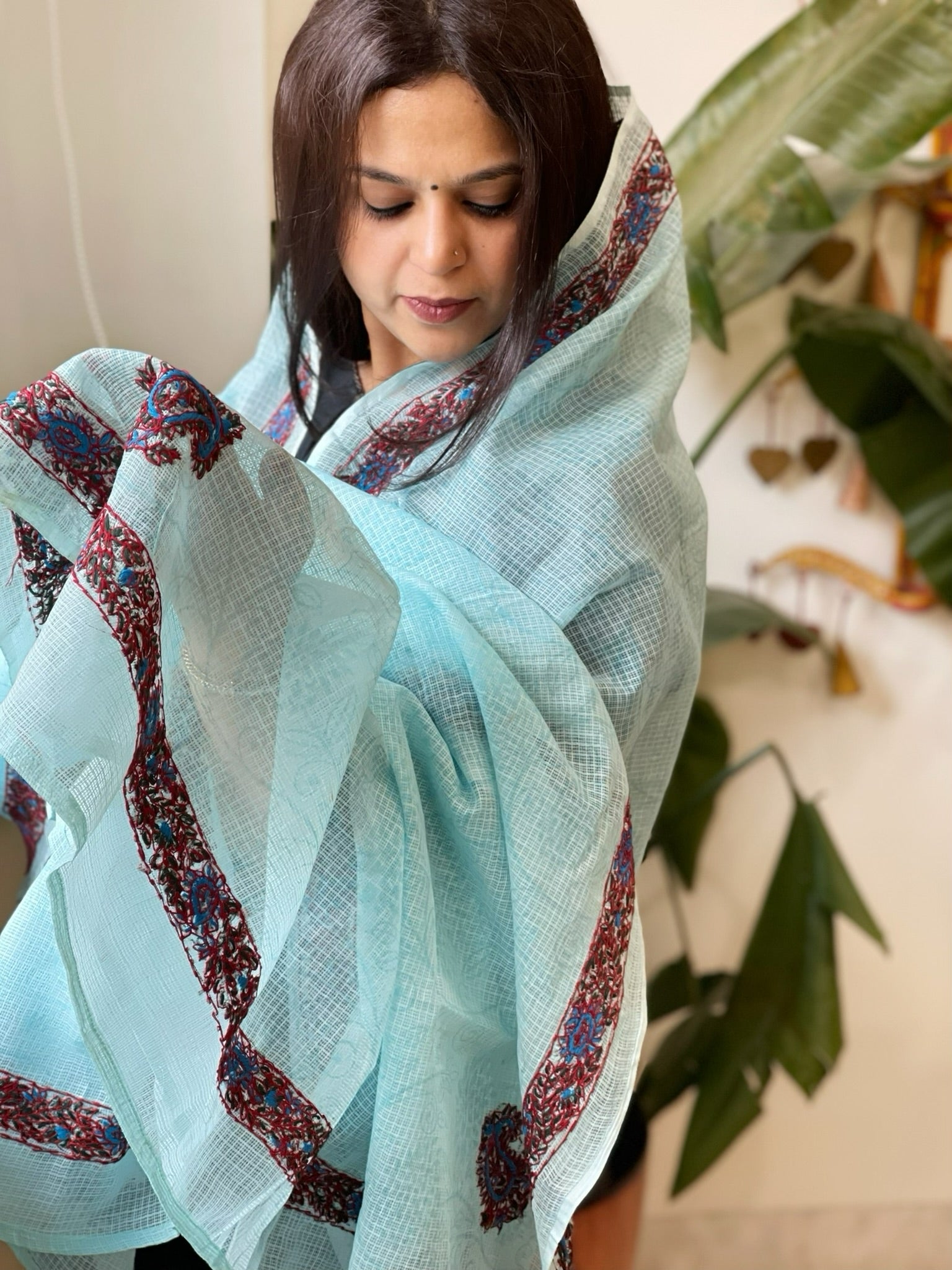 Blue Kota Cotton Dupatta with Kantha Hand Embroidery - Masakalee