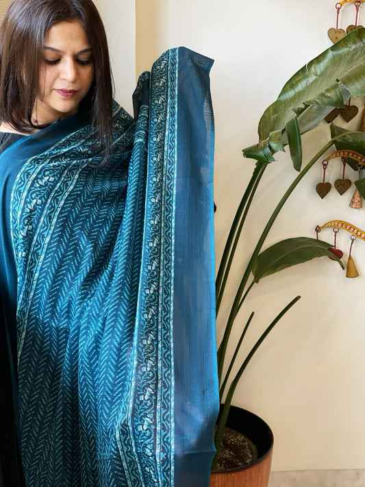 Blue Kota Cotton Handblock Printed Dupatta - Masakalee