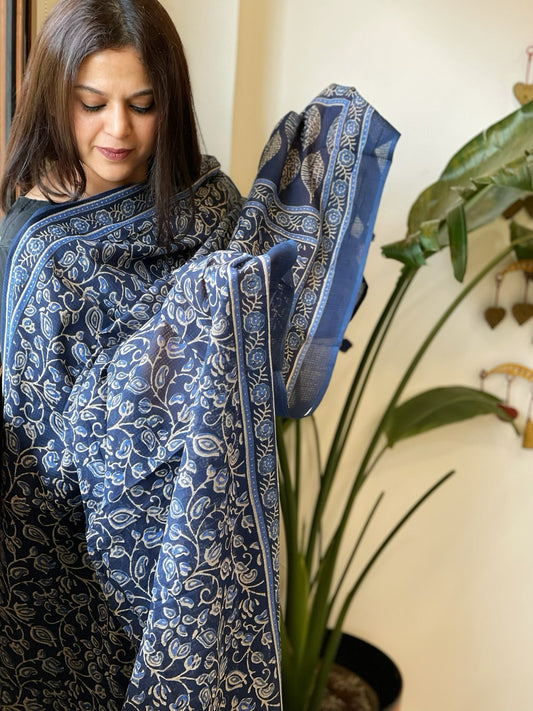 Blue Kota Cotton Handblock Printed Dupatta - Masakalee