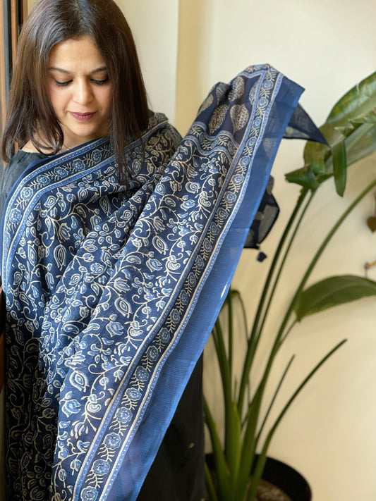 Blue Kota Cotton Handblock Printed Dupatta - Masakalee