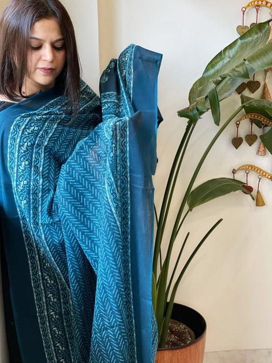 Blue Kota Cotton Handblock Printed Dupatta - Masakalee