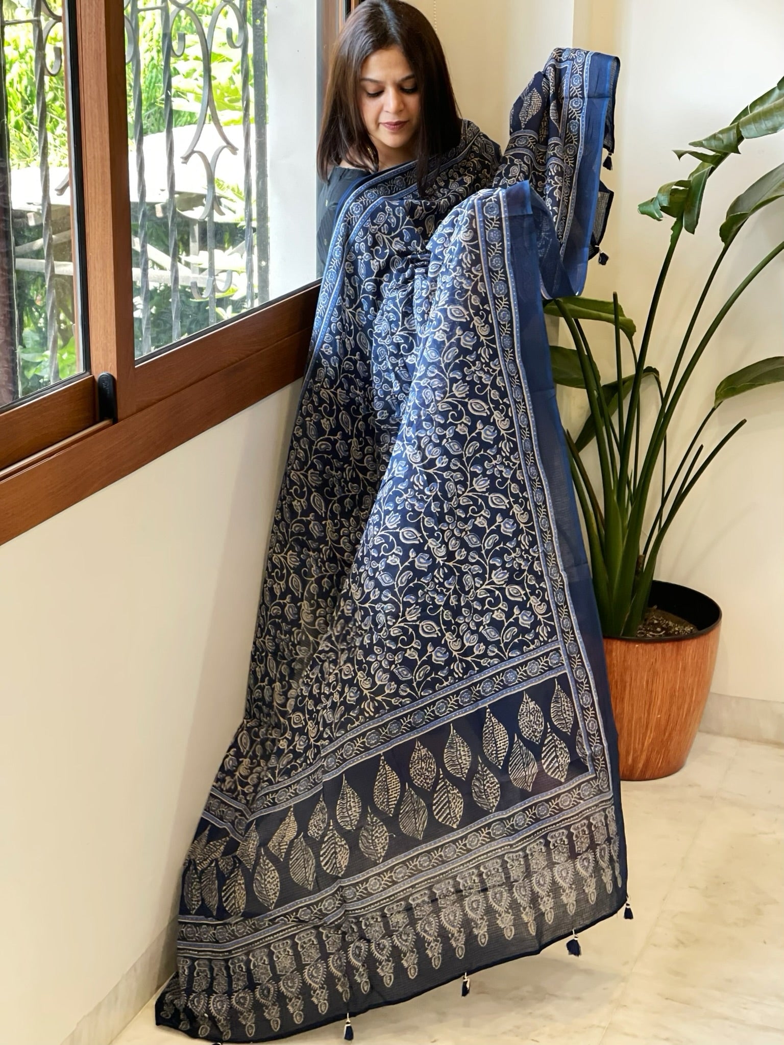 Blue Kota Cotton Handblock Printed Dupatta - Masakalee