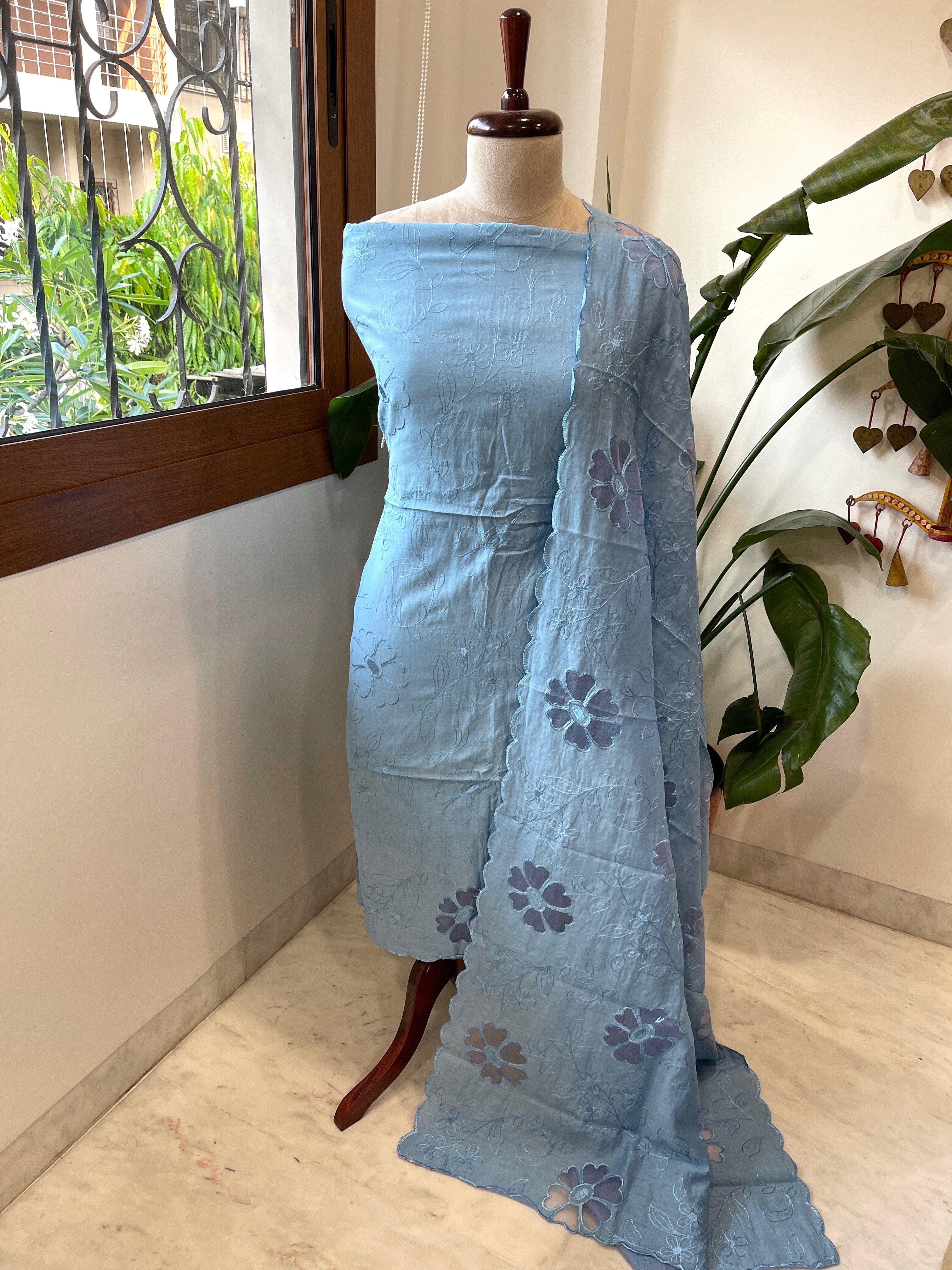 Blue Mul Chanderi Suit Set with Cut Work - Masakalee