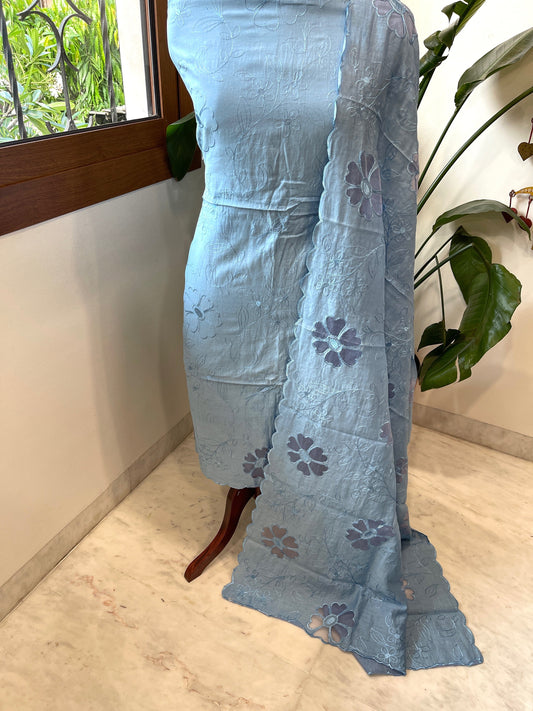 Blue Mul Chanderi Suit Set with Cut Work - Masakalee