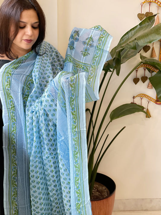Blue Mul Cotton Handblock Printed Dupatta - Masakalee