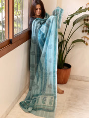 Blue Mul Cotton Handblock Printed Dupatta - Masakalee