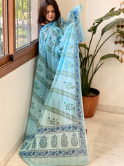 Blue Mul Cotton Handblock Printed Dupatta - Masakalee