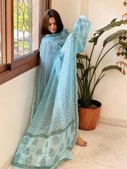Blue Mul Cotton Handblock Printed Dupatta - Masakalee