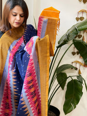 Blue, Mustard Handwoven Ikat Dupatta in Cotton - Masakalee