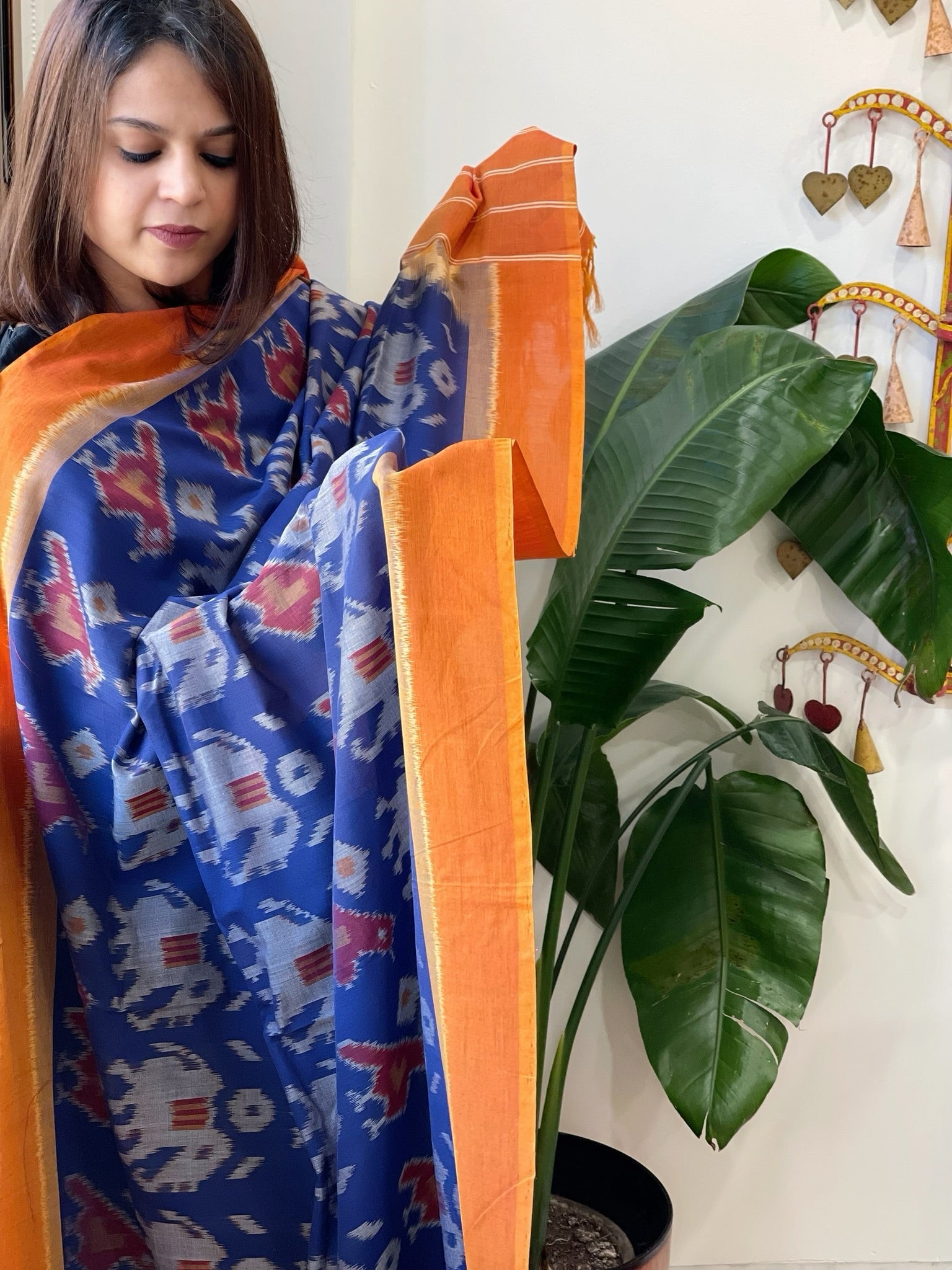 Blue, Orange Handwoven Ikat Dupatta in Cotton - Masakalee