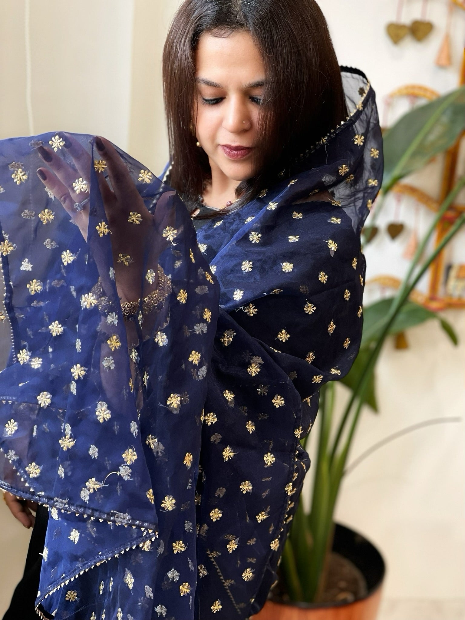 Blue Organza Dupatta with Pitta Work Butas and Gota Lace Border - Masakalee