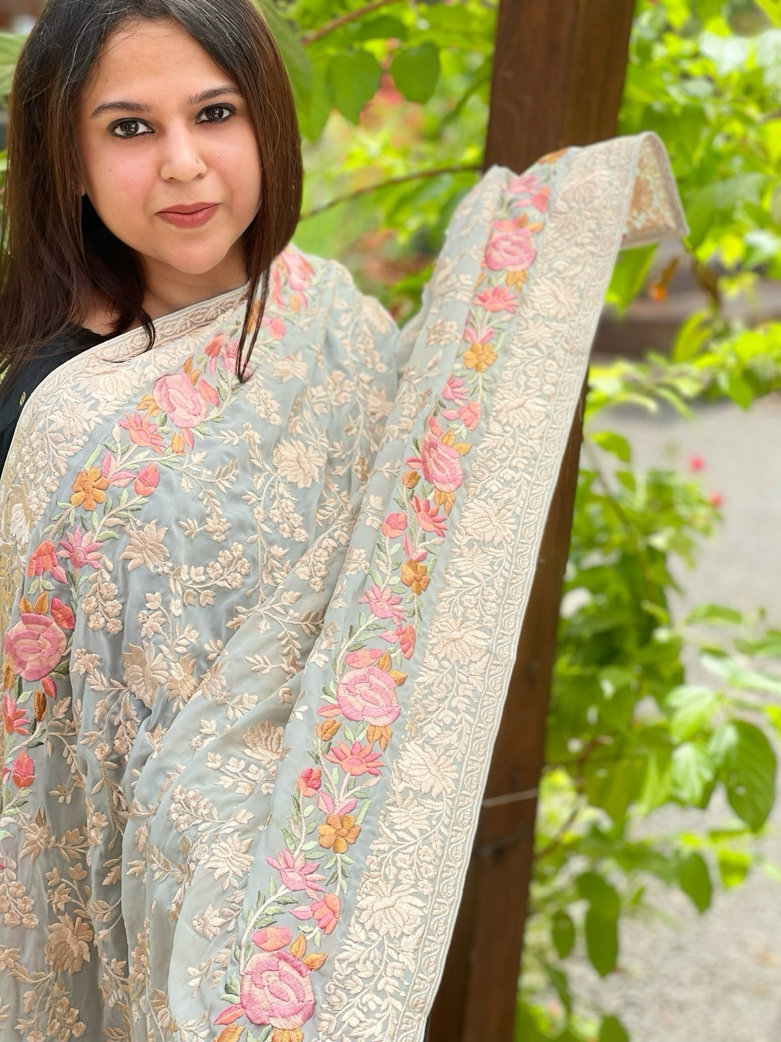 Blue Parsi Gara Embroidery Dupatta in Georgette - Masakalee