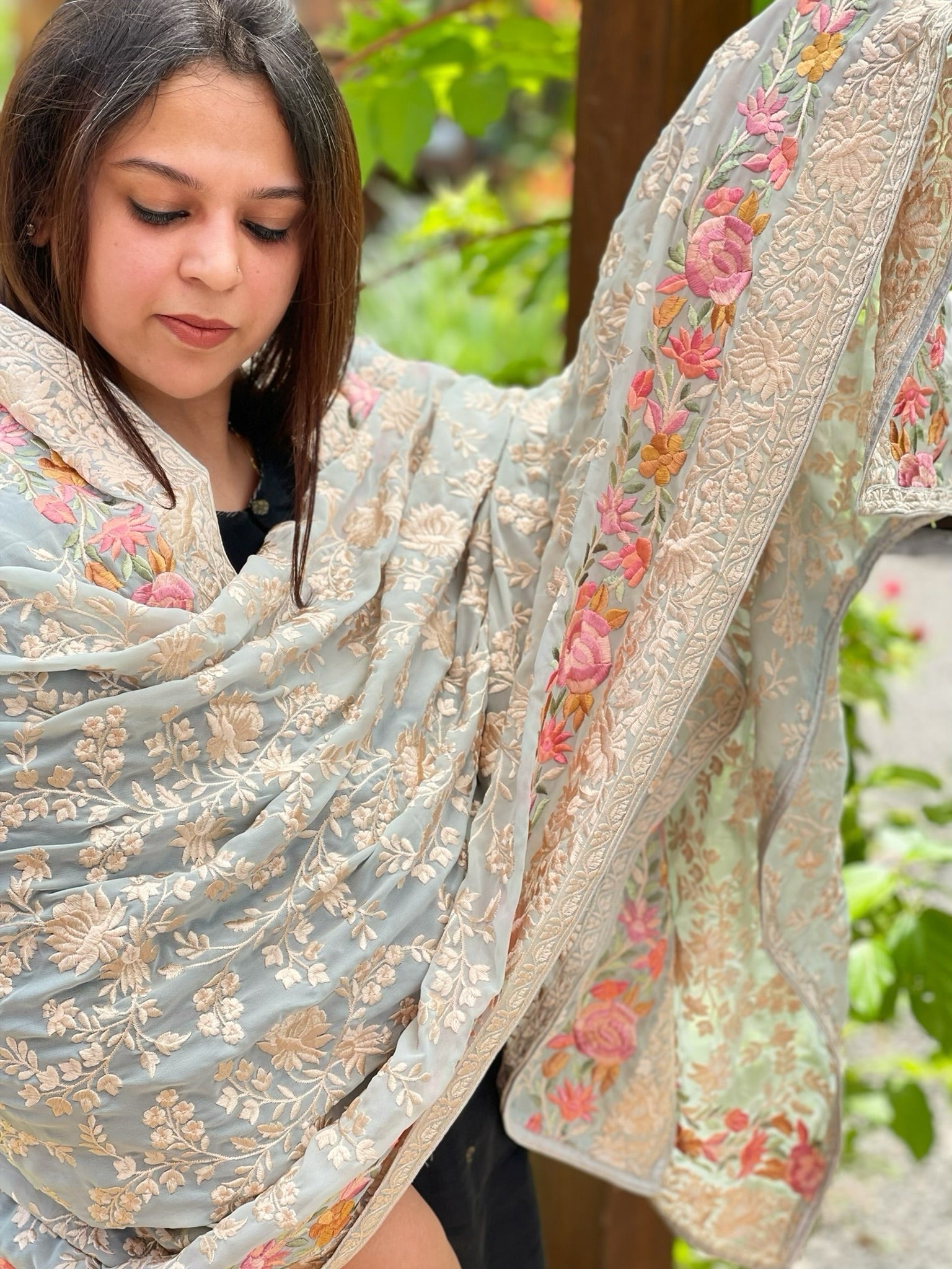 Blue Parsi Gara Embroidery Dupatta in Georgette - Masakalee