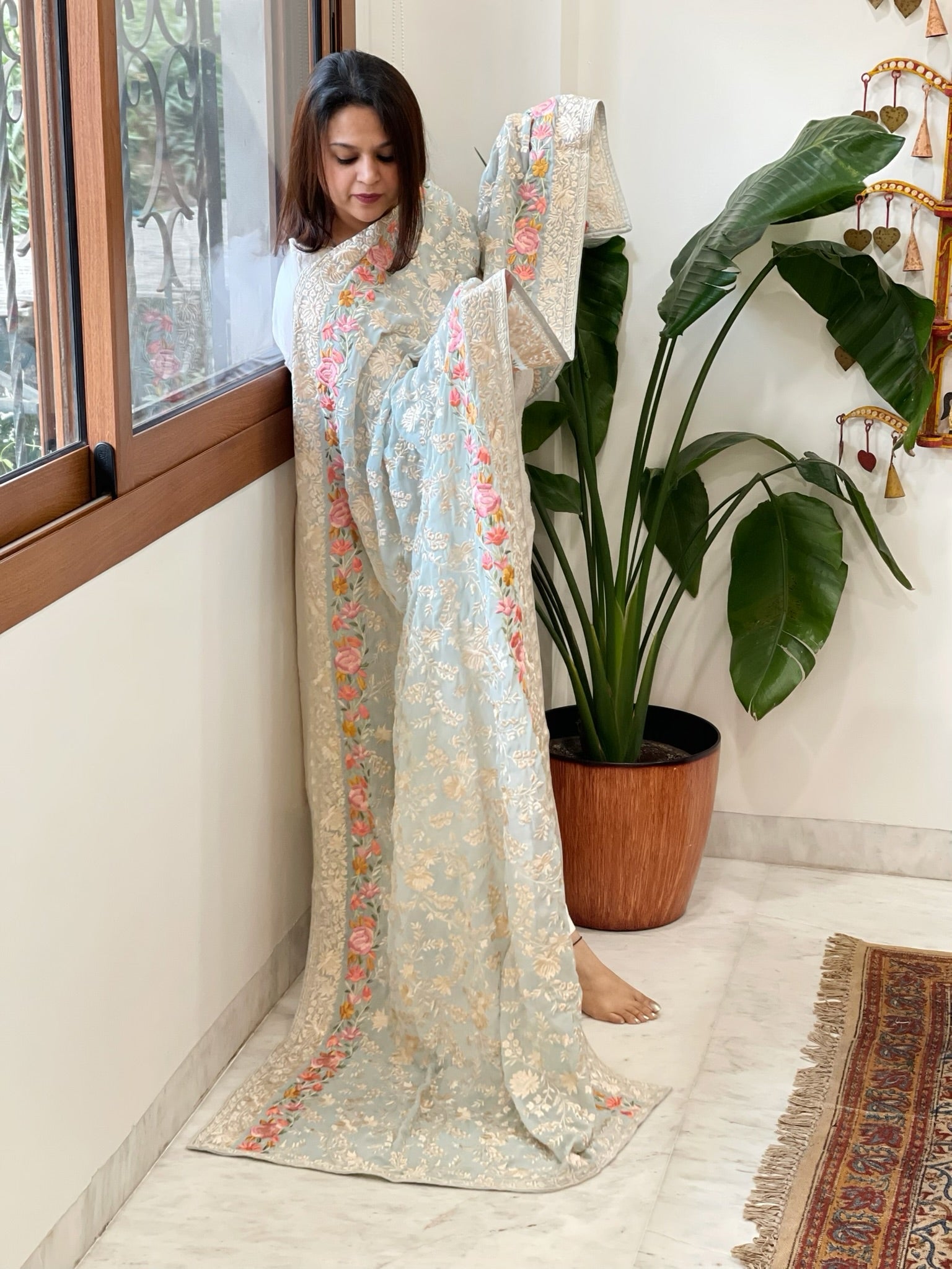 Blue Parsi Gara Embroidery Dupatta in Georgette - Masakalee