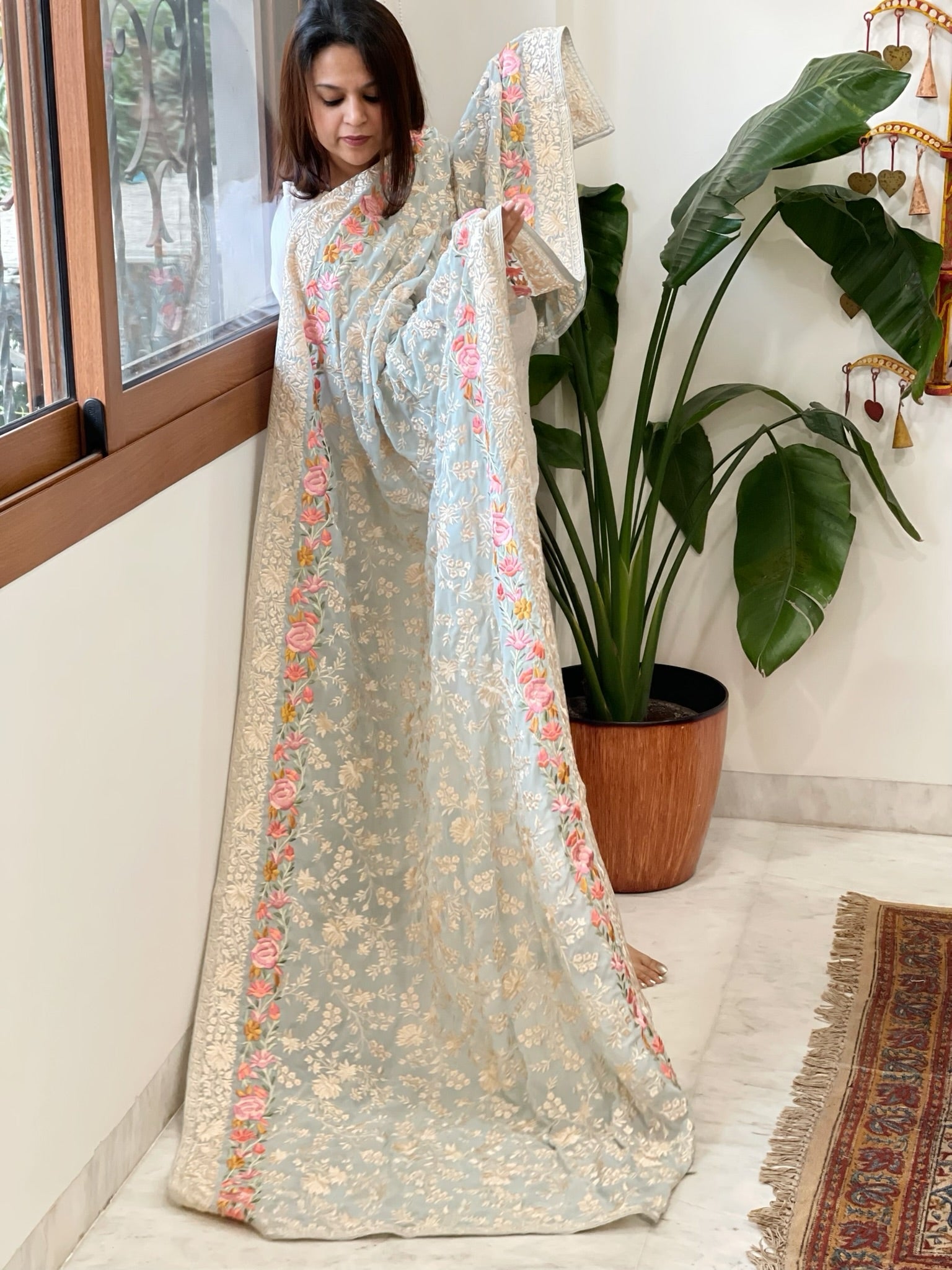 Blue Parsi Gara Embroidery Dupatta in Georgette - Masakalee