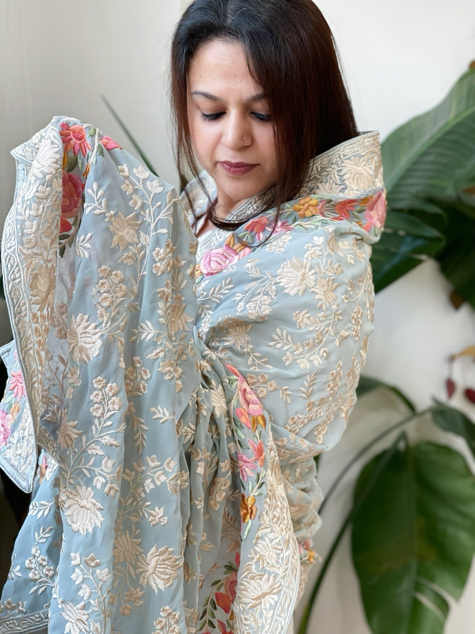 Blue Parsi Gara Embroidery Dupatta in Georgette - Masakalee