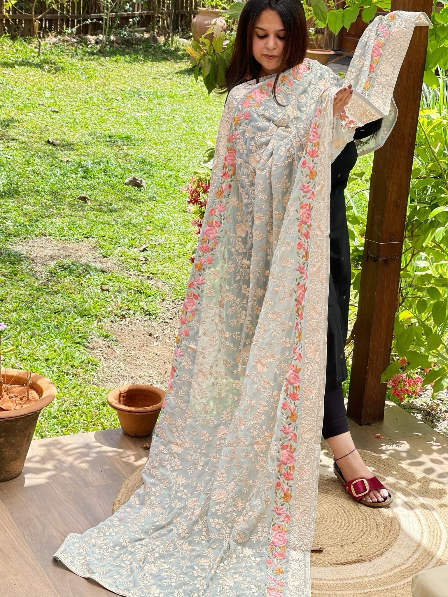 Blue Parsi Gara Embroidery Dupatta in Georgette - Masakalee