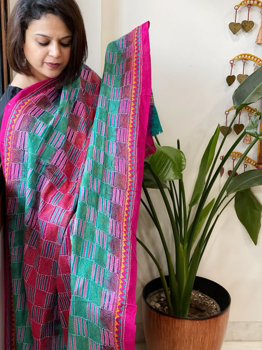 Blue, Pink Handmade Kantha Dupatta in Silk - Masakalee