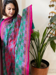 Blue, Pink Handmade Kantha Dupatta in Silk - Masakalee