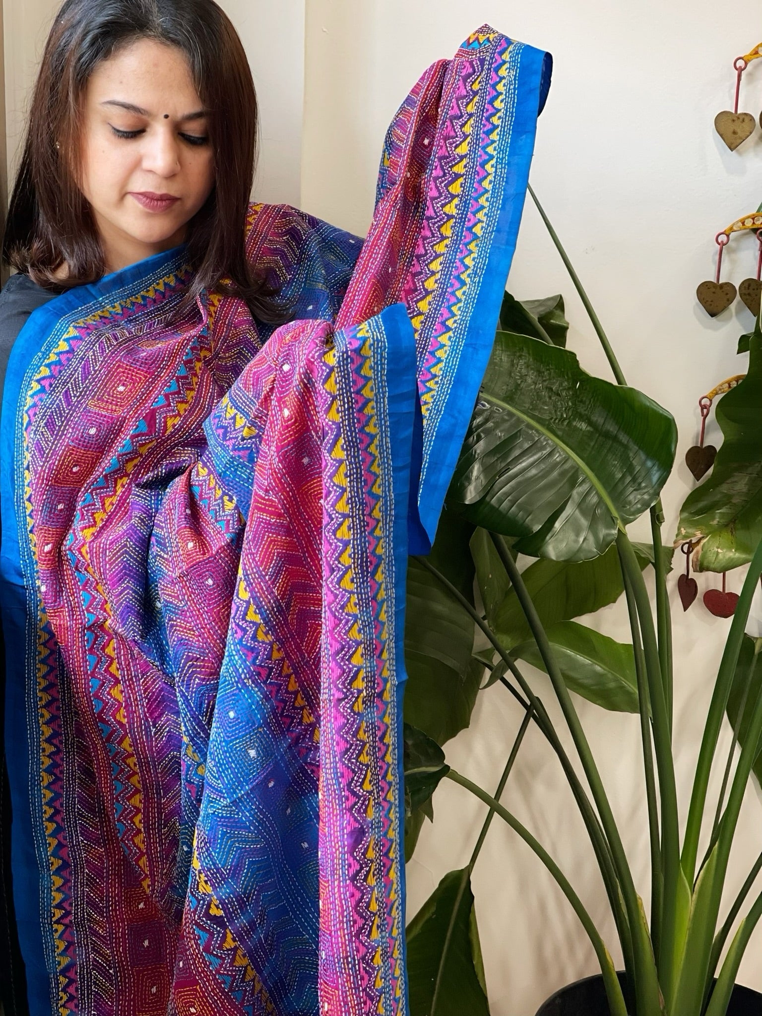 Blue, Pink Handmade Kantha Dupatta in Silk - Masakalee