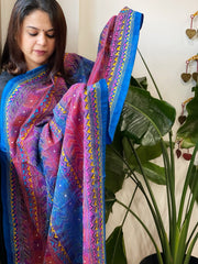 Blue, Pink Handmade Kantha Dupatta in Silk - Masakalee