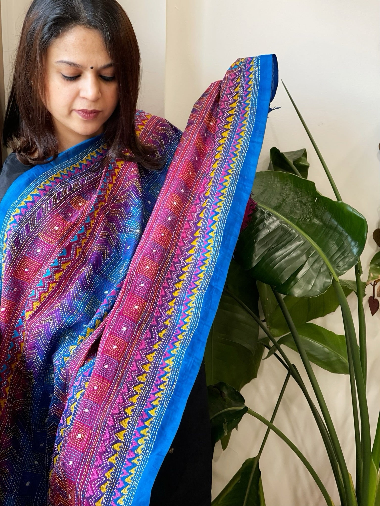 Blue, Pink Handmade Kantha Dupatta in Silk - Masakalee
