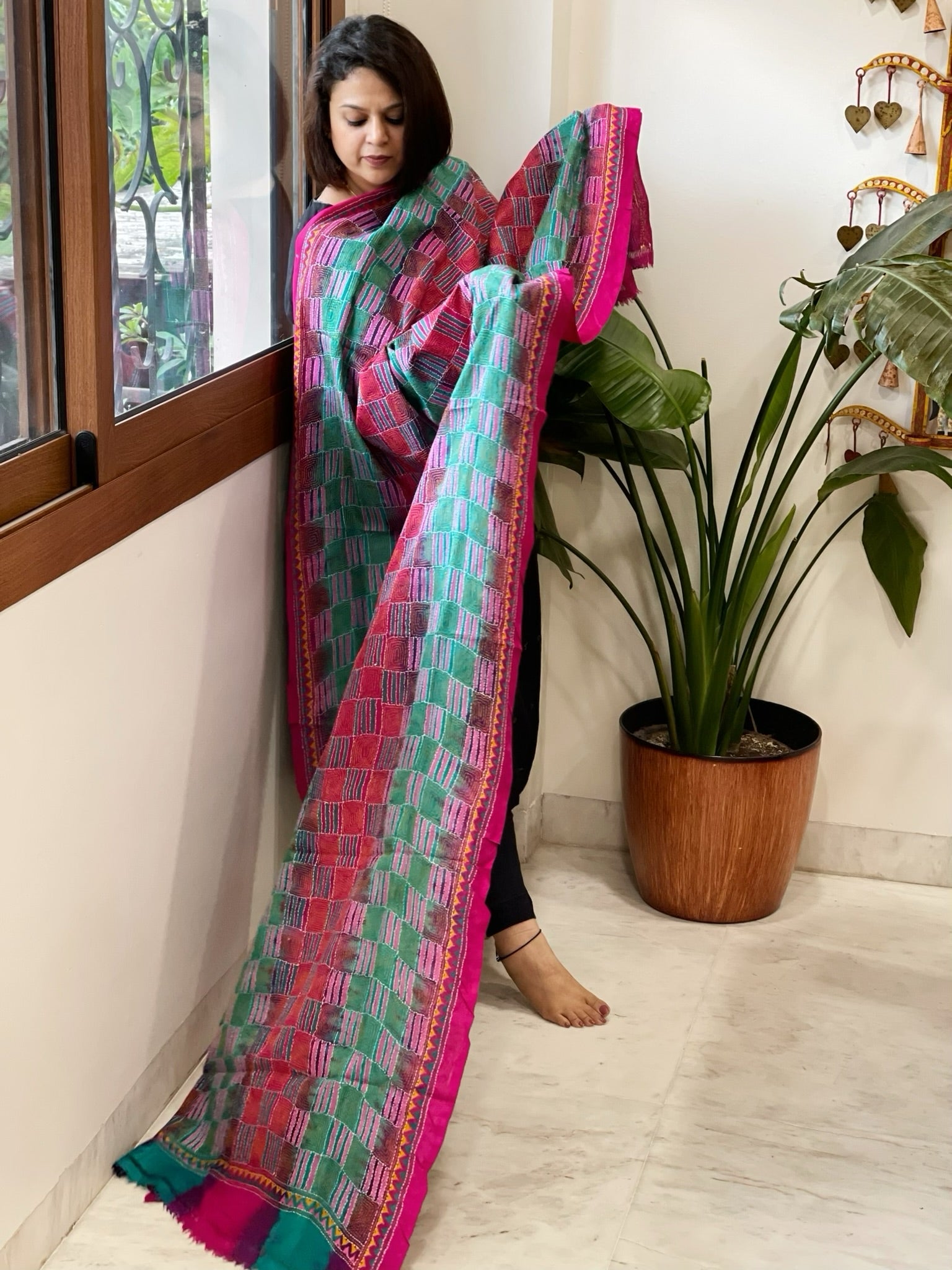 Blue, Pink Handmade Kantha Dupatta in Silk - Masakalee