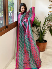 Blue, Pink Handmade Kantha Dupatta in Silk - Masakalee