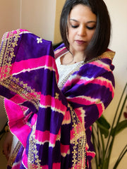 Blue, Pink Handmade Leheriya Dupatta with Gotapatti and Pearl Handwork in Pure Gajji Silk - Masakalee