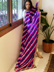 Blue, Pink Handmade Leheriya Dupatta with Gotapatti and Pearl Handwork in Pure Gajji Silk - Masakalee