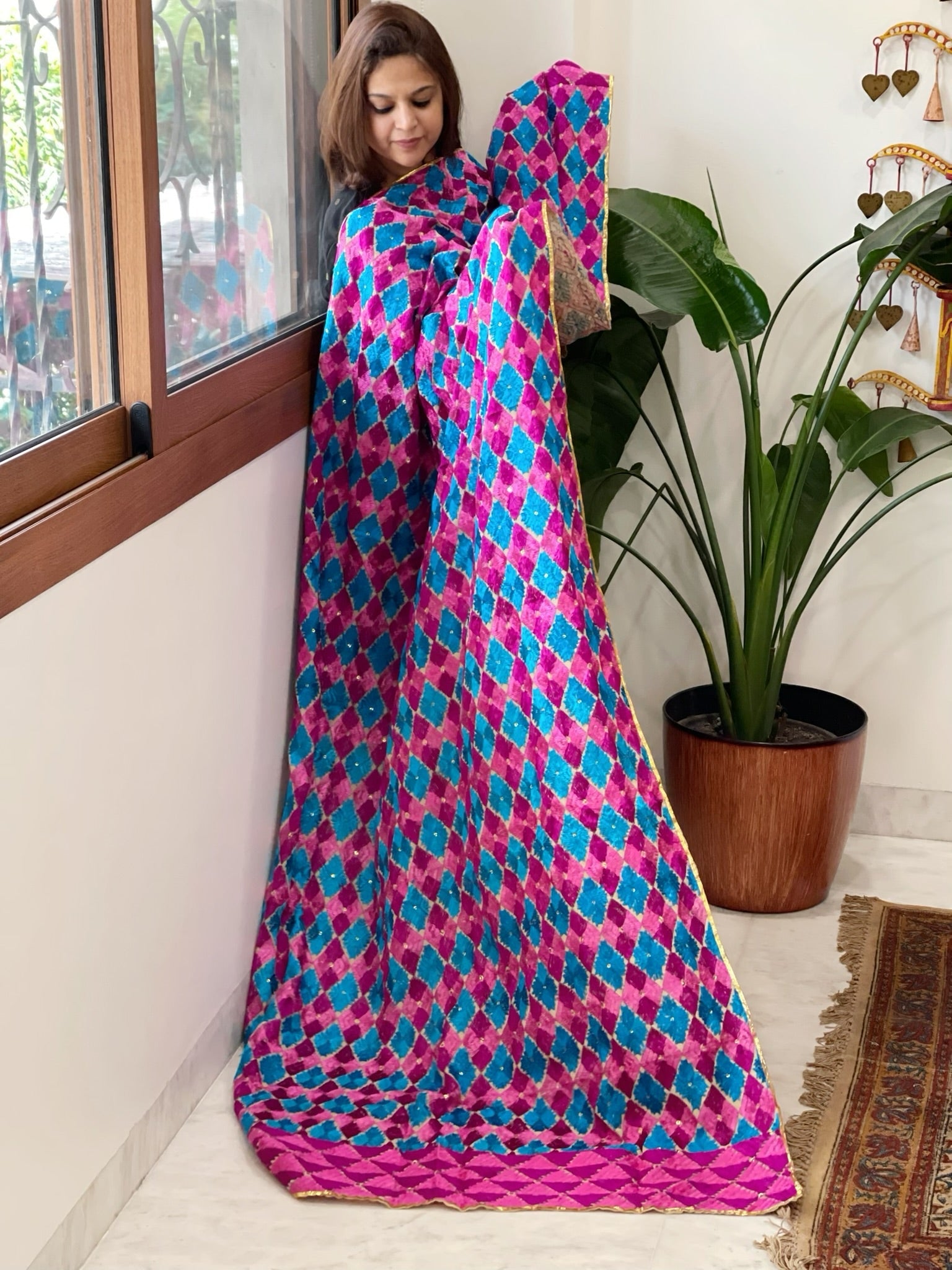Blue, Pink Handmade Phulkari Dupatta in Cotton - Masakalee