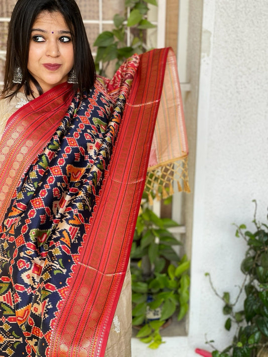 Blue Printed Patola Dupatta in Fine Art Silk - Masakalee