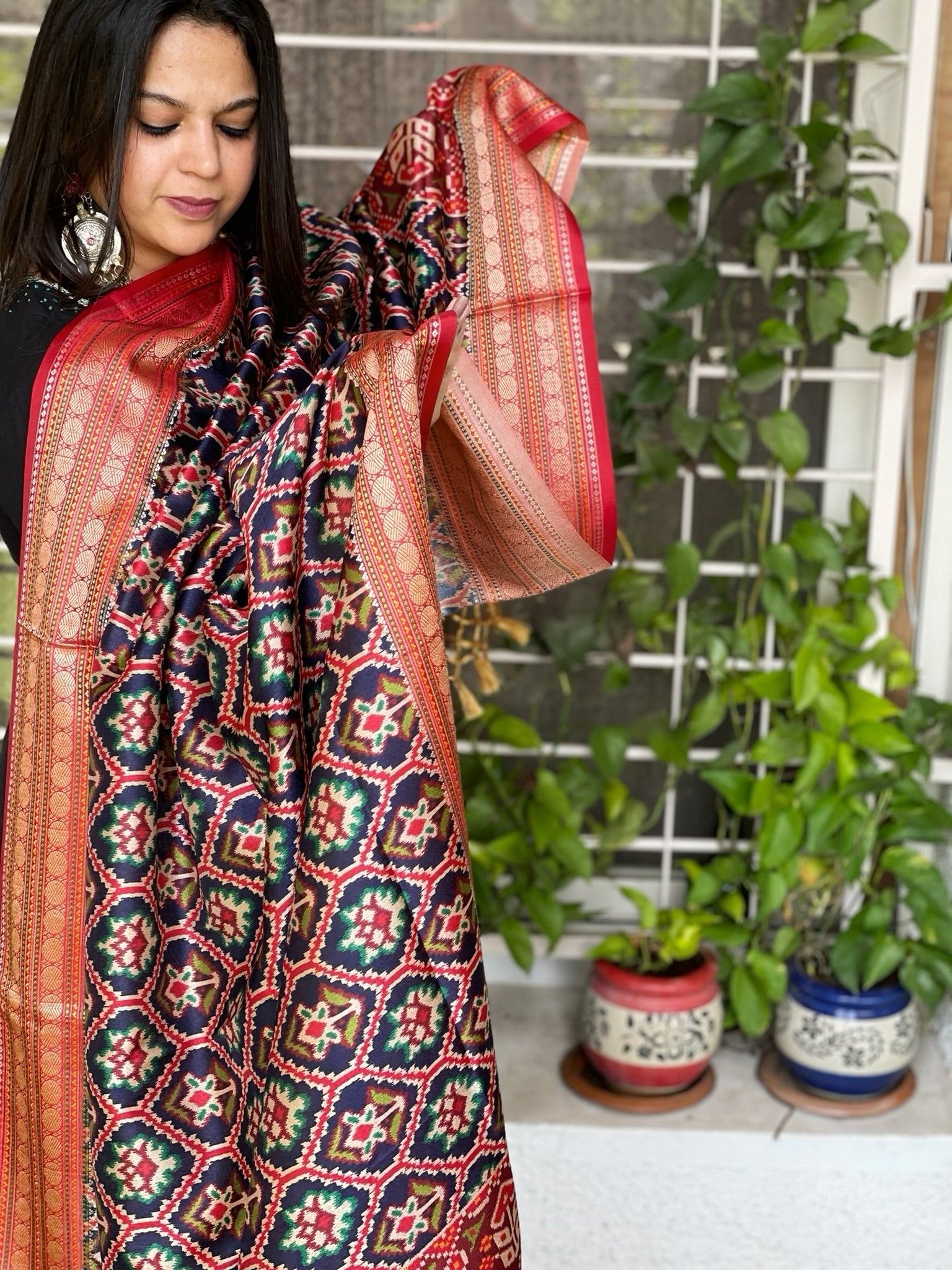 Blue Printed Patola Dupatta in Fine Art Silk - Masakalee