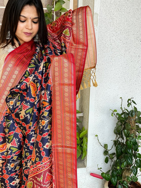 Blue Printed Patola Dupatta in Fine Art Silk - Masakalee