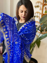 Blue Printed Viscose Georgette Leheriya Dupatta with Gold Thread & Sequin Embroidered Border - Masakalee
