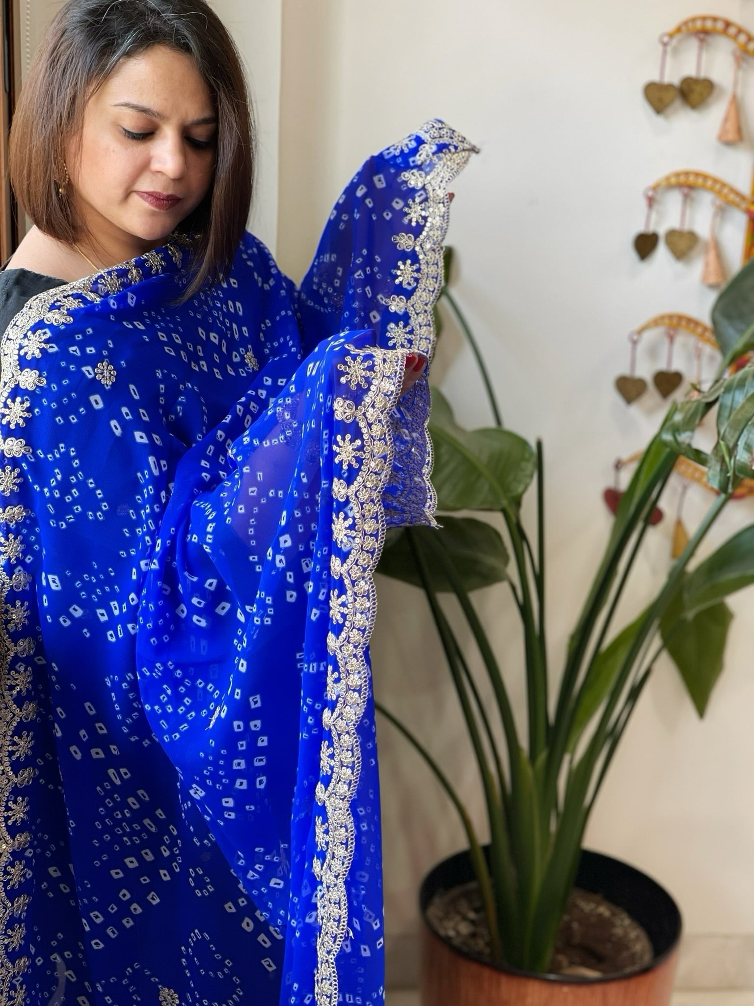 Blue Printed Viscose Georgette Leheriya Dupatta with Gold Thread & Sequin Embroidered Border - Masakalee