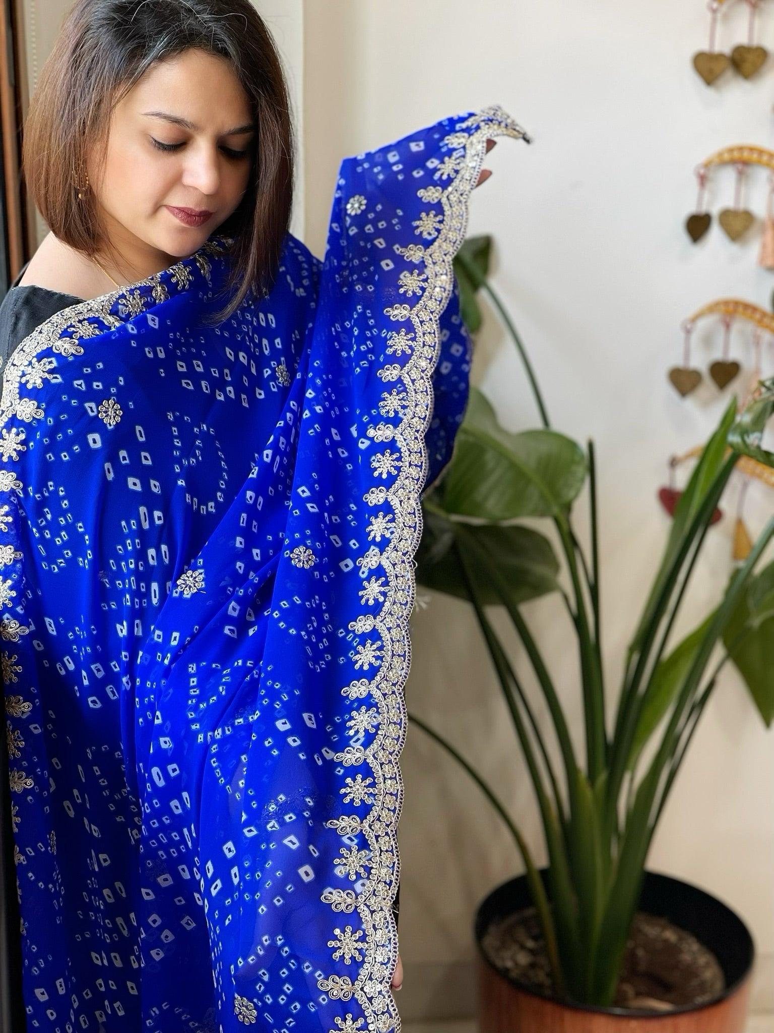 Blue Printed Viscose Georgette Leheriya Dupatta with Gold Thread & Sequin Embroidered Border - Masakalee