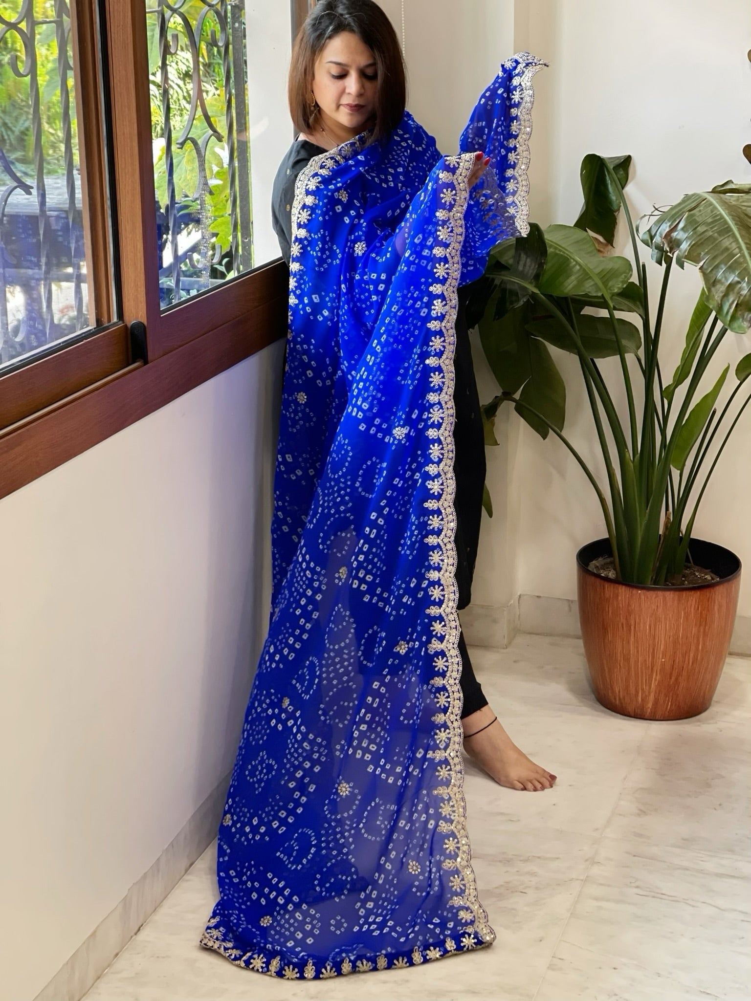 Blue Printed Viscose Georgette Leheriya Dupatta with Gold Thread & Sequin Embroidered Border - Masakalee