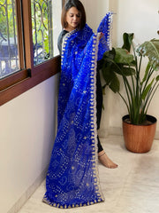 Blue Printed Viscose Georgette Leheriya Dupatta with Gold Thread & Sequin Embroidered Border - Masakalee