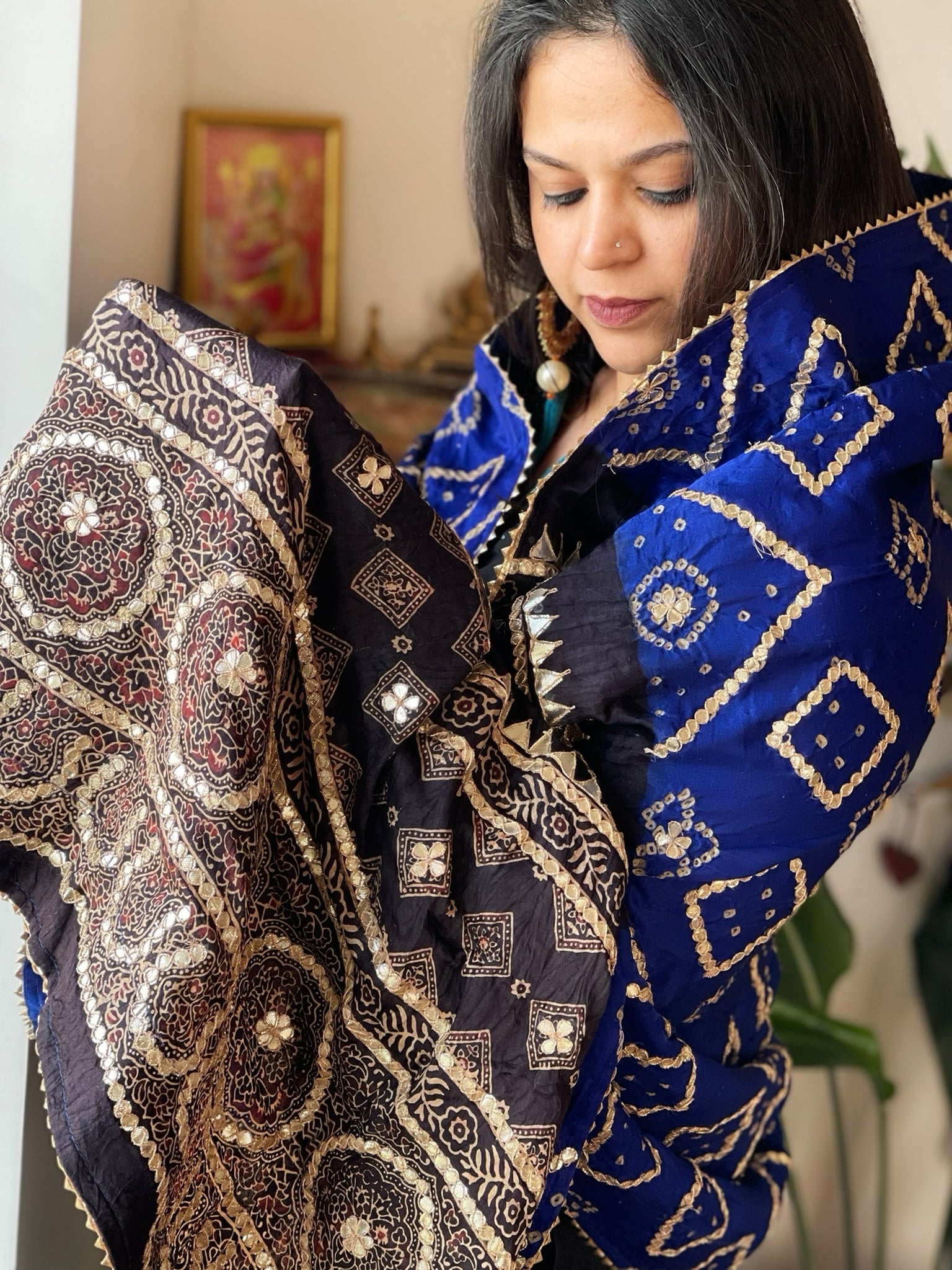 Blue Rai Bandhani, Ajrakh Dupatta with Gotapatti Handwork in Gajji Silk - Masakalee