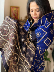 Blue Rai Bandhani, Ajrakh Dupatta with Gotapatti Handwork in Gajji Silk - Masakalee