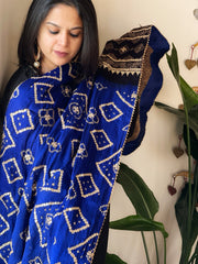 Blue Rai Bandhani, Ajrakh Dupatta with Gotapatti Handwork in Gajji Silk - Masakalee