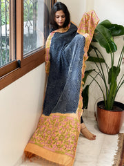Blue Rai Bandhej Dupatta with Kantha Handwork in Pure Munga Tussar Silk - Masakalee