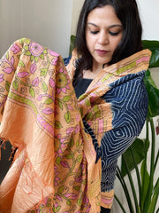 Blue Rai Bandhej Dupatta with Kantha Handwork in Pure Munga Tussar Silk - Masakalee