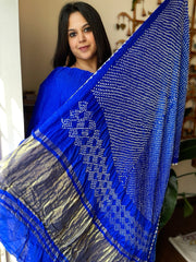 Blue Rai Bandhej Saree in Pure Gajji Silk with Zari Pallu - Masakalee