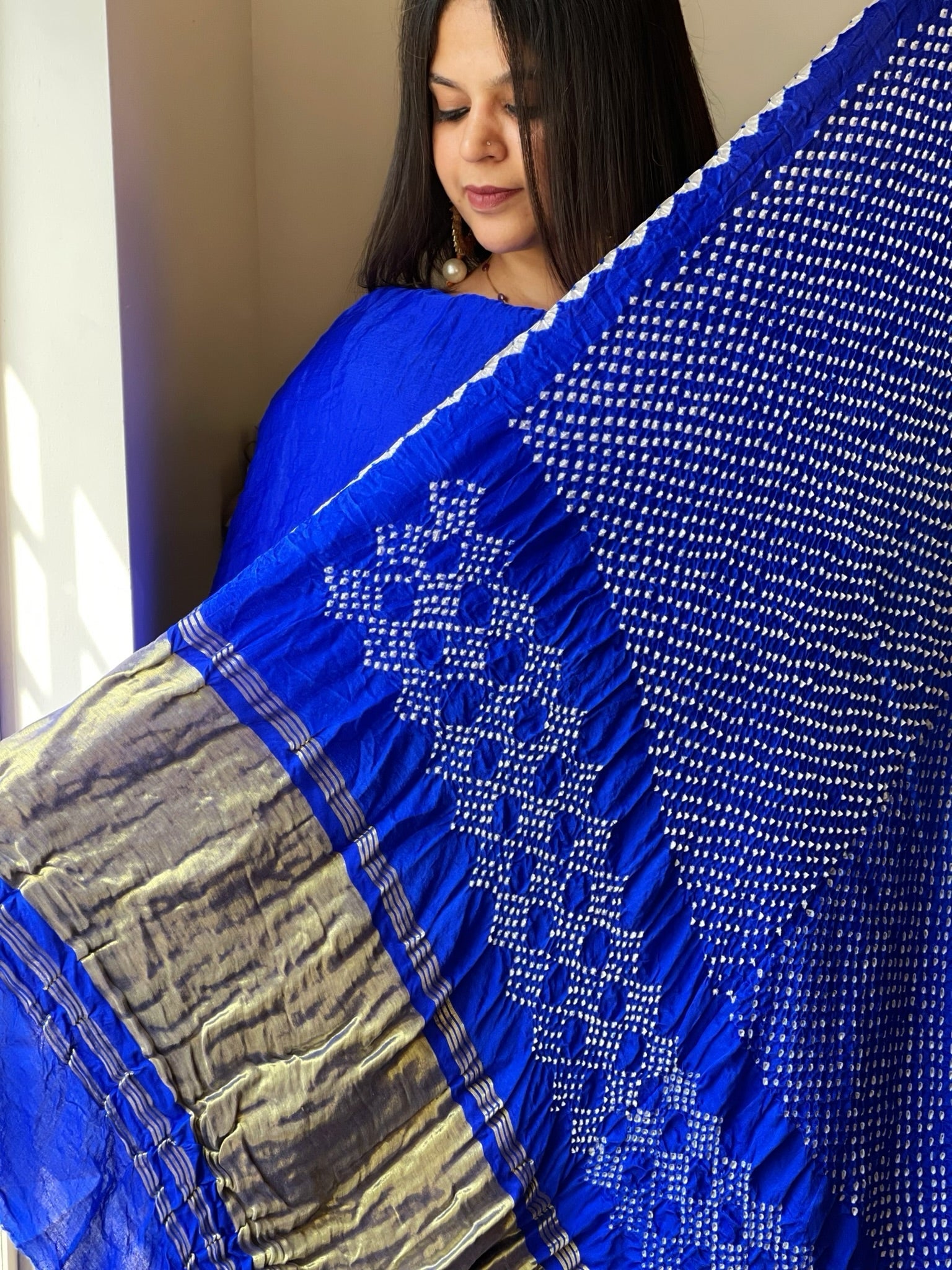 Blue Rai Bandhej Saree in Pure Gajji Silk with Zari Pallu - Masakalee